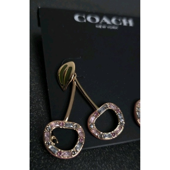 New Coach Rhinestone Pink Cherry Drop Gold Earrings Pinup Core - Picture 2 of 5
